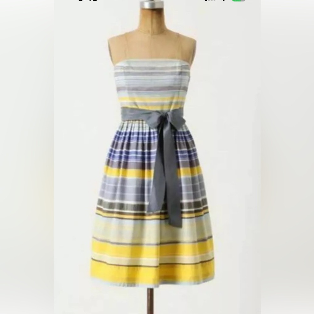 Anthropologie Maeve Yellow and Gray A-Line Midi Skirt with Smocked Tie Front